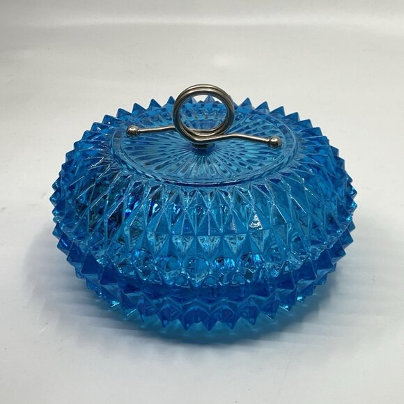 Indiana Glass Diamond Point Aqua Glass Powder Candy Dish With Lid Metal Handle - Picture 1 of 14